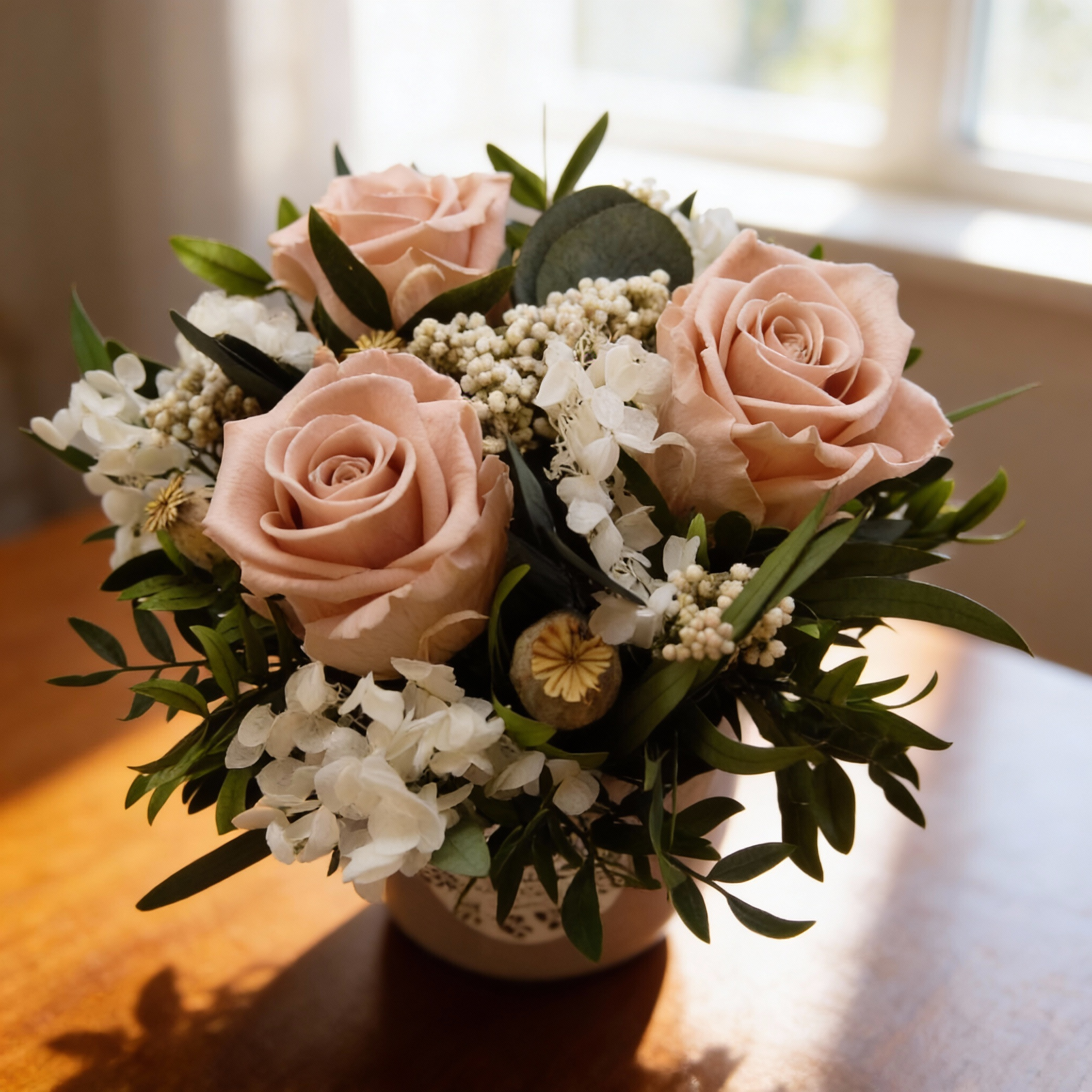 Unelma - nude sävyinen kukka-asetelma nukkuvista kukista